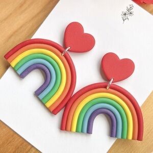 Rainbow Heart Dangle Studs - Handmade Earrings - Red & Multicolor